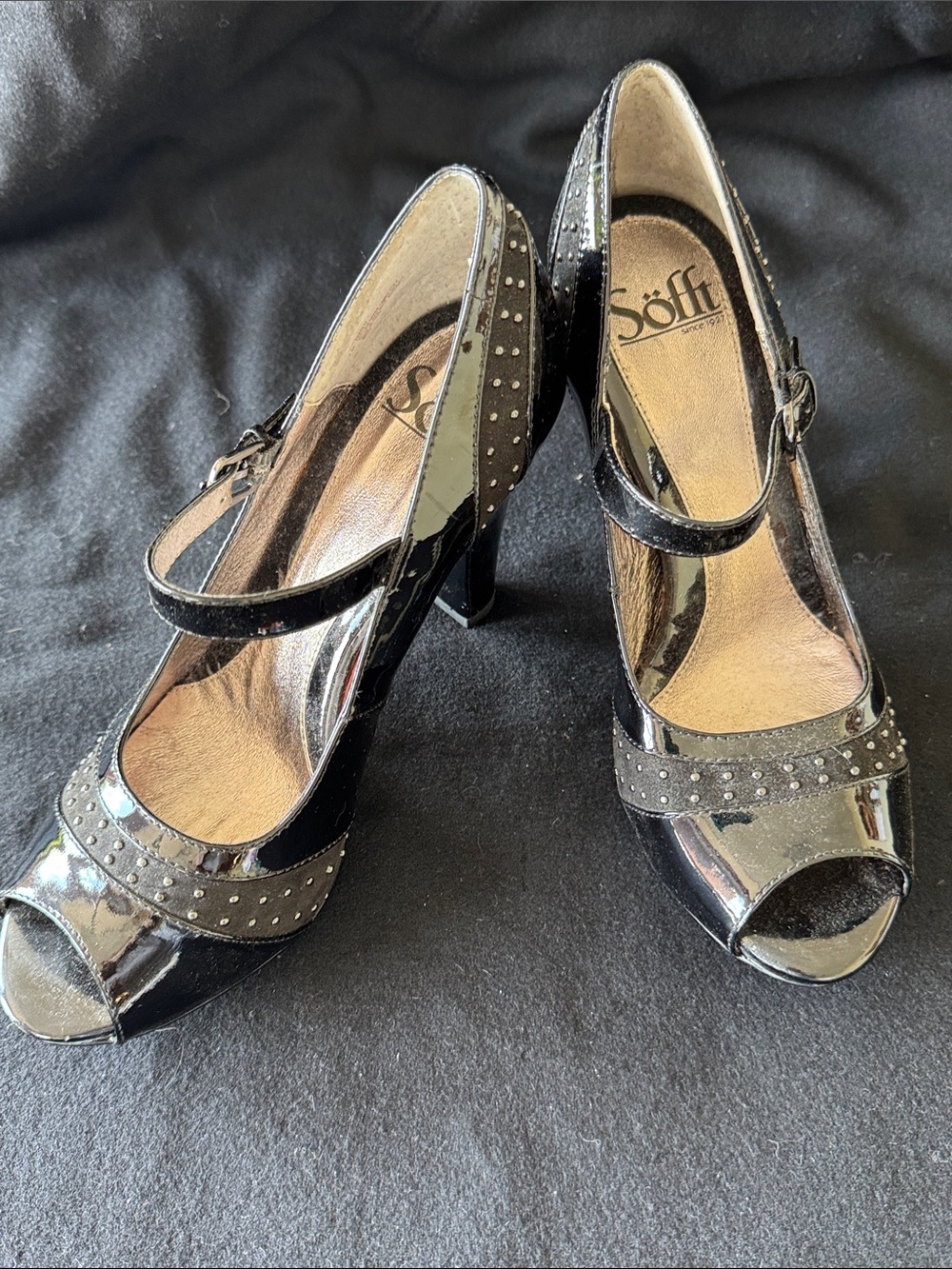 Sofft Black Patent Mary Jane Peep-Toe Heels
